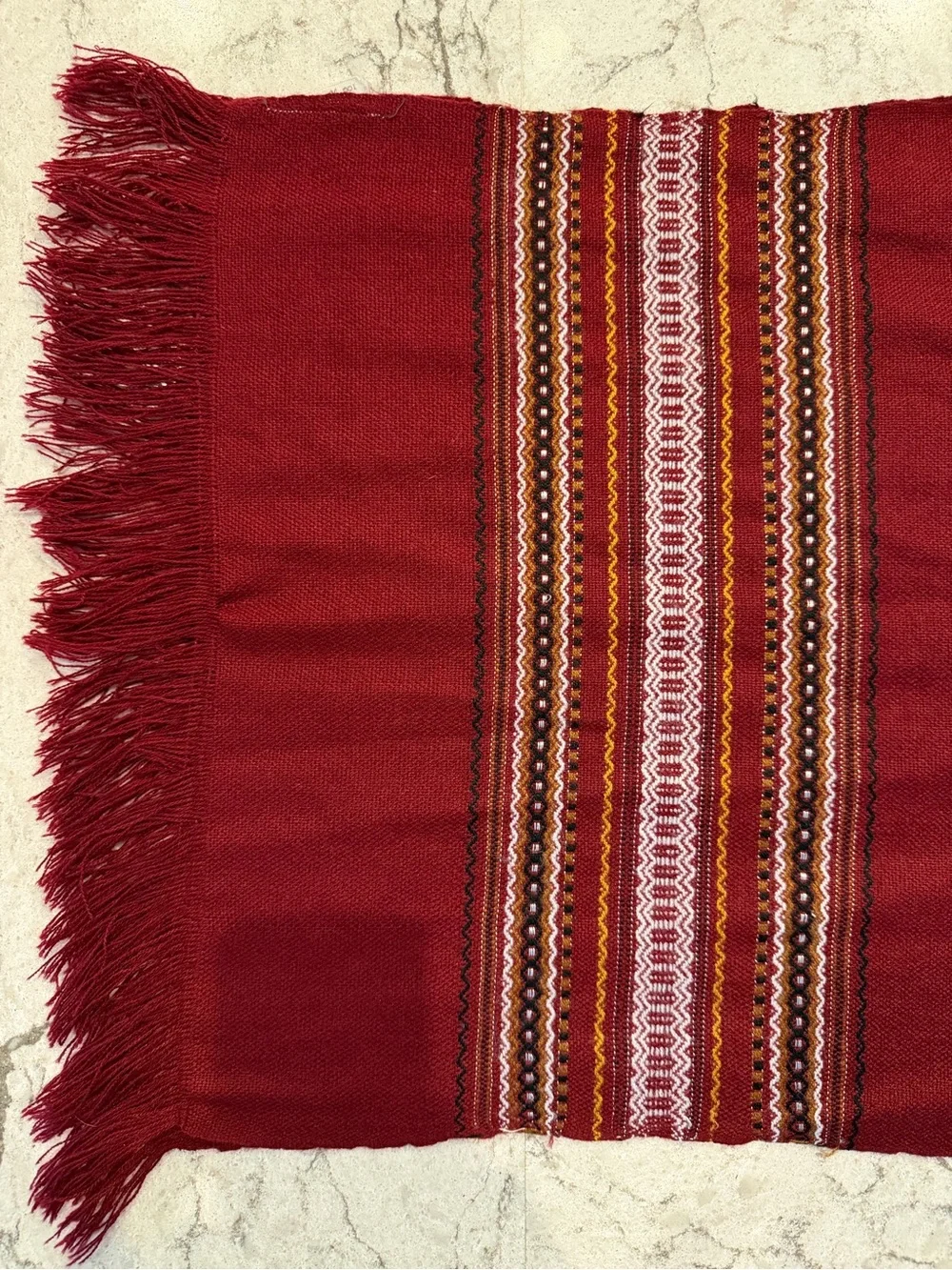 Ecuadorian 100% Wool Scarf Wrap Burgundy Woven Geometric Fringe Boho